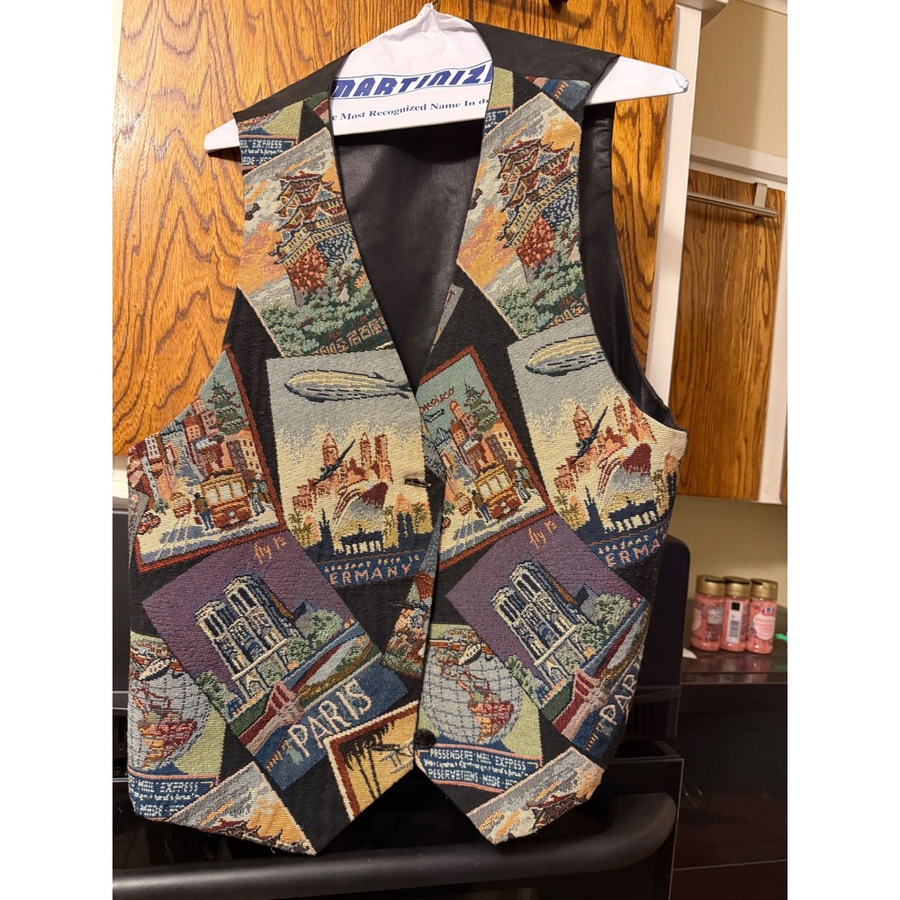 Womens Tapestry Travel Scene‎ Vest Black Leather Back Button Front Unique